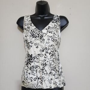 ALEX EVENINGS Medium Sleeveless Floral‎ Satin V Neck  Top Ivory Black Cocktails